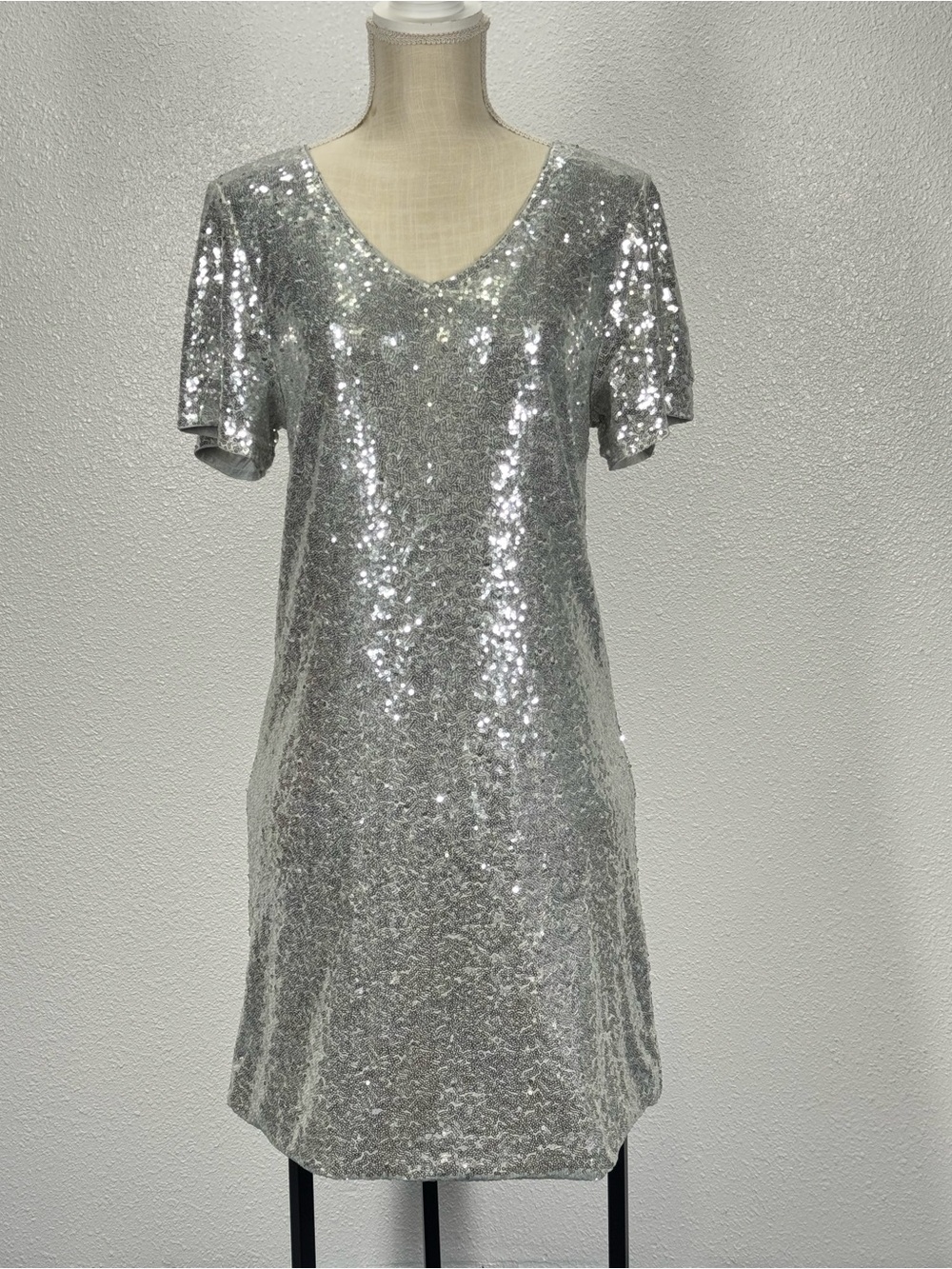 Anna-Kaci Silver Sequins Short Sleeve Dress XL Party Shiny Relaxed Fit